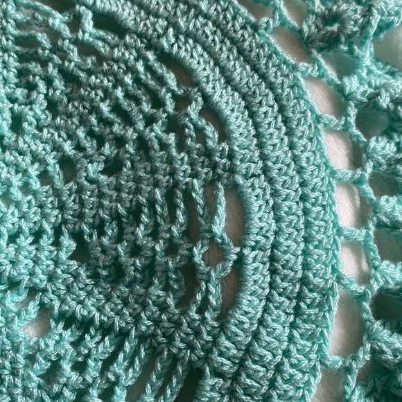 18” round aqua crochet table topper. Not sure if it’s handmade or not but pretty - Picture 4 of 5